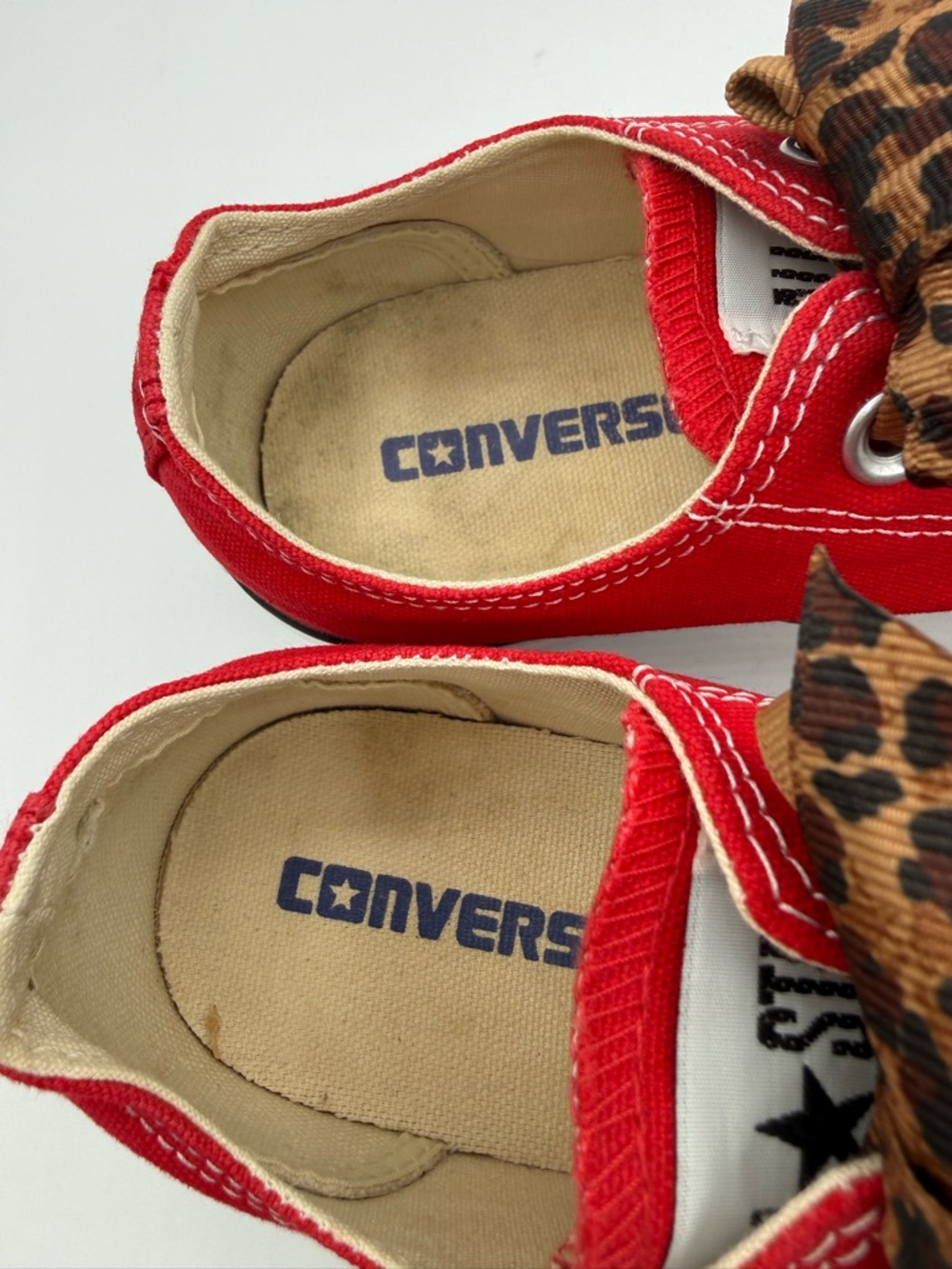 Custom Red Converse Sneakers w/ Leopard Laces & Rhinestone Low Top Chuck Taylors - Picture 14 of 16